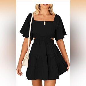 Wimsihal Women's Square Neck Short Sleeves Elastic Waist Party Mini Dress XL